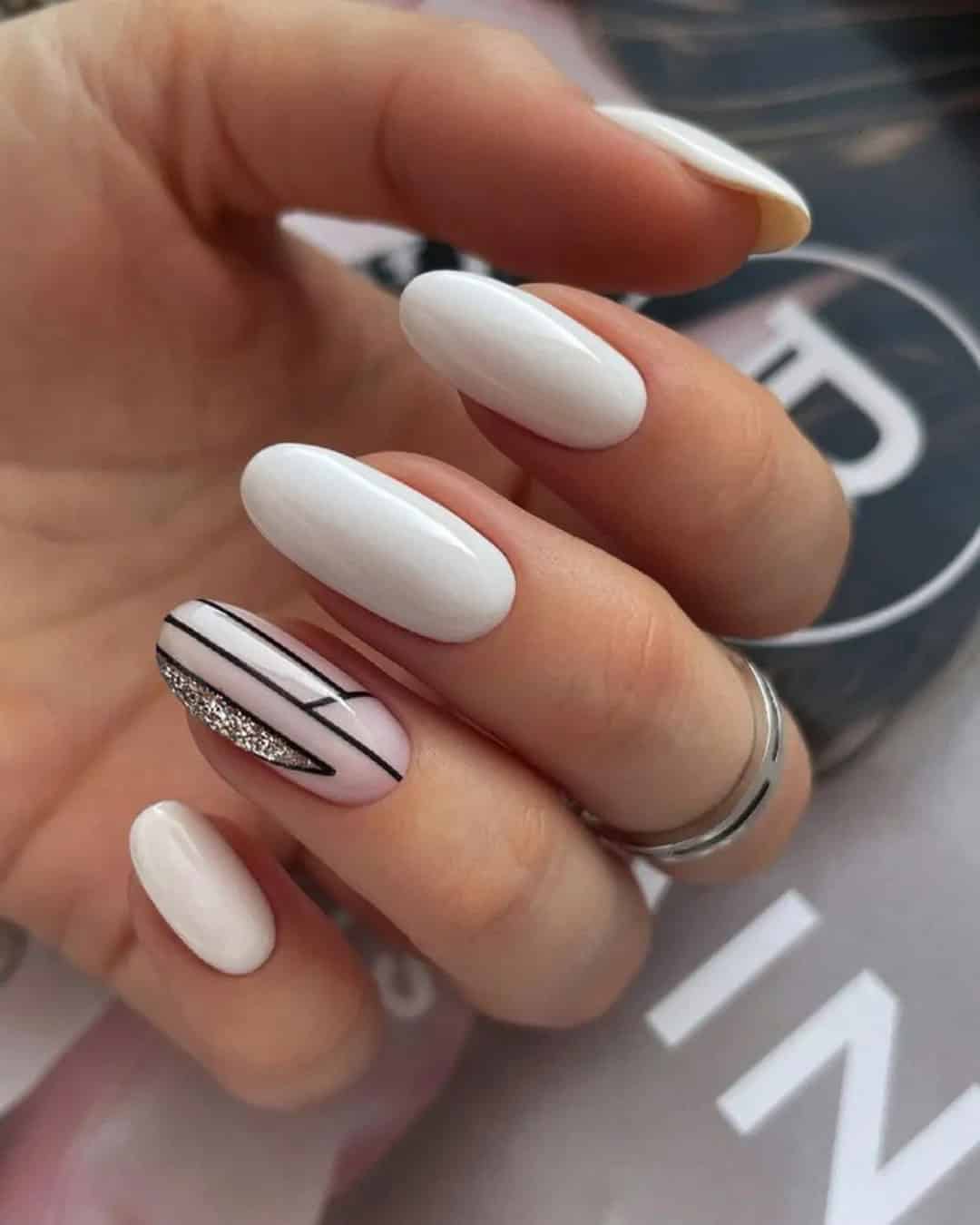 Black And White Nails with Glitter