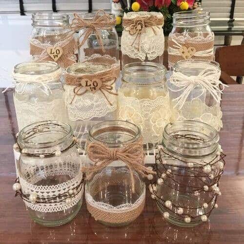 Pearl and lace-covered jars