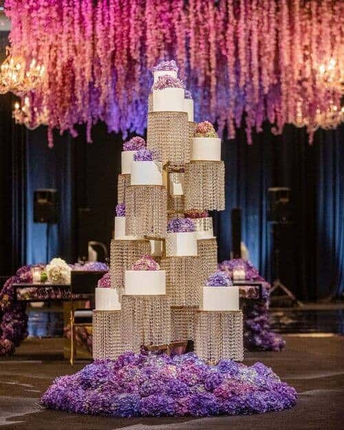 5 Tall Multi-tiered Wedding Cake with Purple Hydrangeas