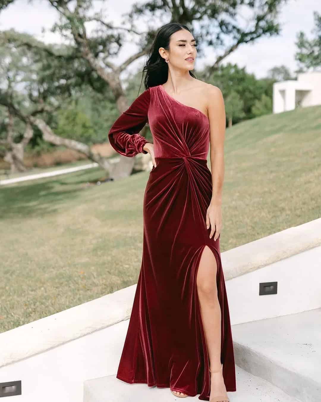 One Shoulder Burgundy Dresses