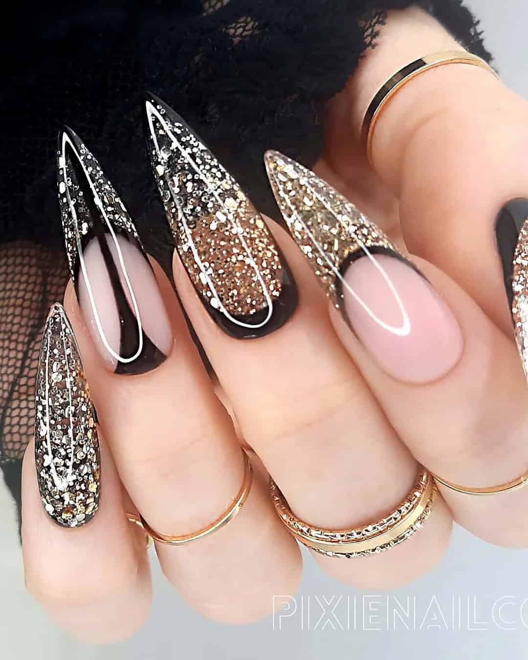 Black And Gold Glitter Nails