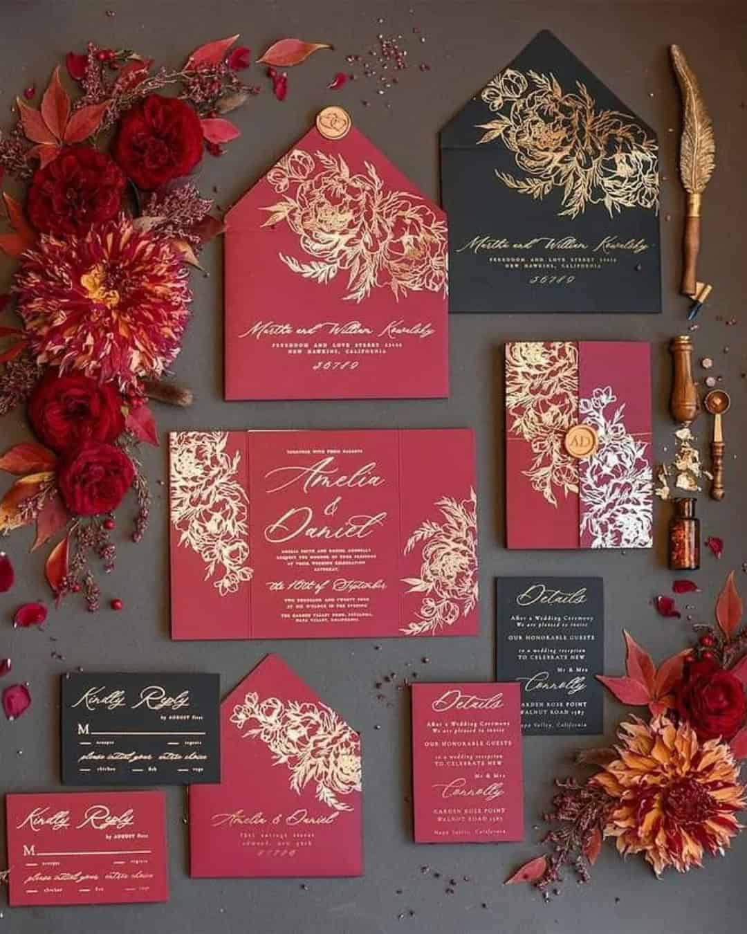 Black, Red And Gold Wedding Invitations