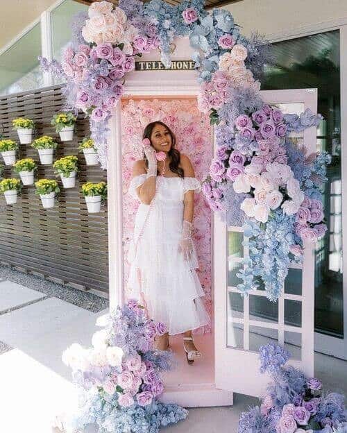 14 Vintage Telephone Booth Photo Backdrop with Floral Adornment