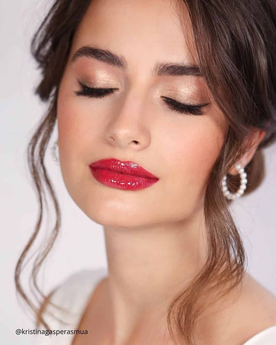 Gold And Red Lip Wedding Makeup