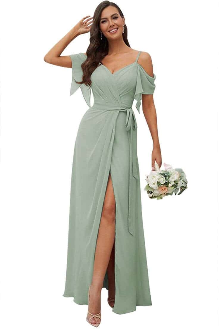 A mint green flowing gown