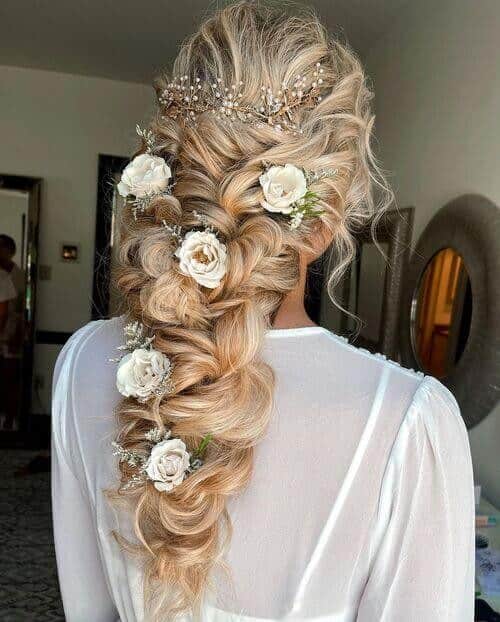 Boho Voluminous Wavy Braids with Huge Floral Accents