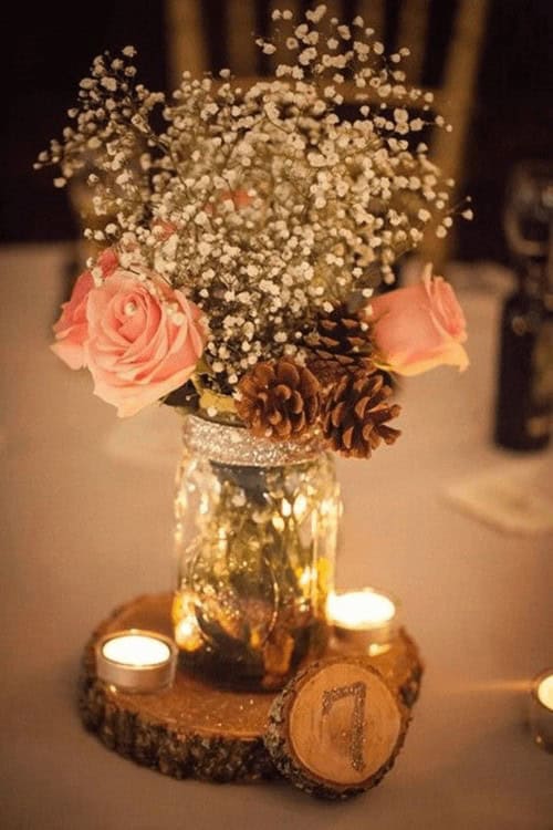 Wedding centerpiece with mason jar